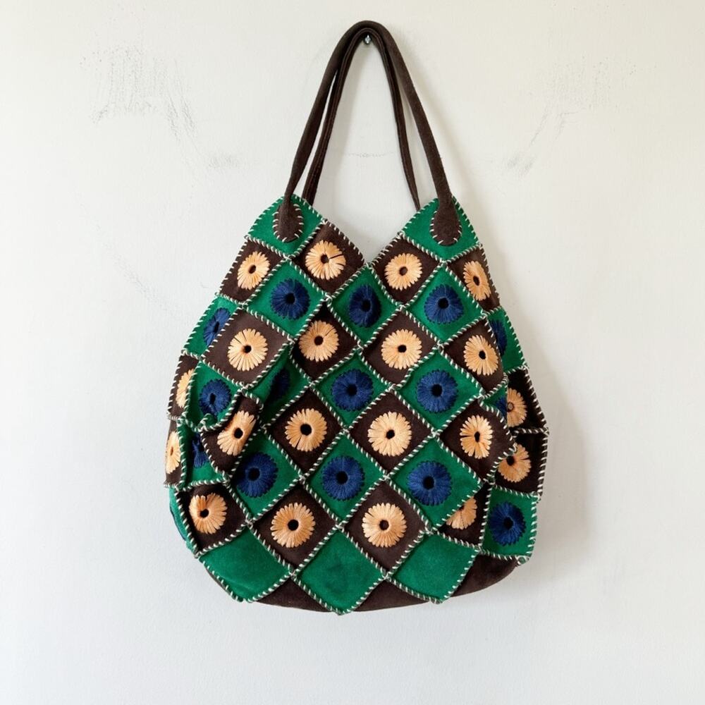 Vintage Boho Suede Crochet Granny Square Bag Blue Brown Green - Picture 2 of 9